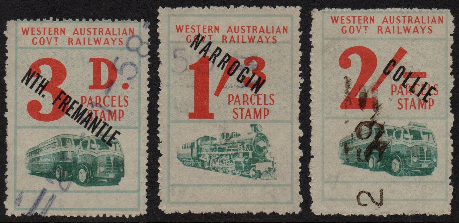 Western Australia Railway Parcels Stamps Third Issue Station Name shifts, North Fremantle, Narrogin, Collie